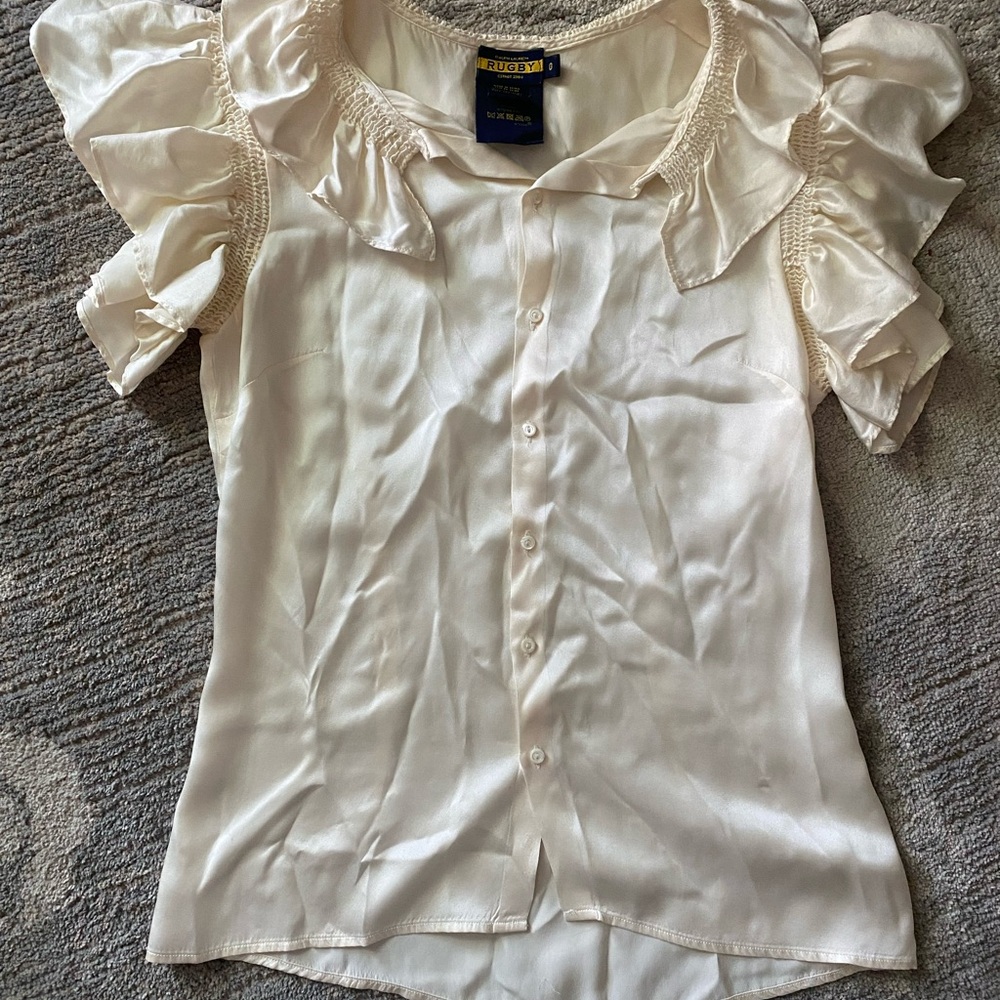 Ralph Lauren Cream Silk Blouse with Ruffled Puff Sleeves and Collar